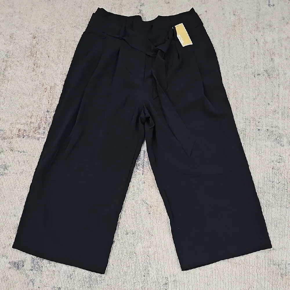 MICHAEL Michael Kors Women's Tie-Front Wide-Leg, Silky Cropped Pants Sz‎ L Black